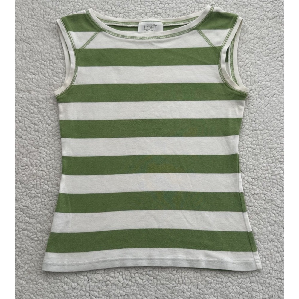 Ann Taylor LOFT Green & White Sleeveless Shirt Striped Top Blouse Petite XS XSP